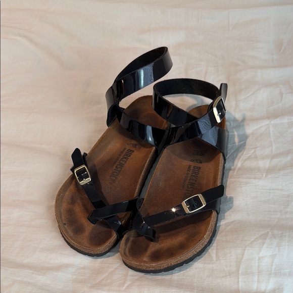 Birkenstock Shoes - Birkenstock Black Gold Gloss Strappy Sandals 38